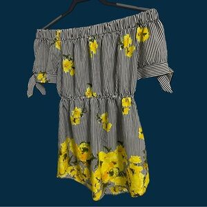 Blush floral and stripe mini off the shoulders dress